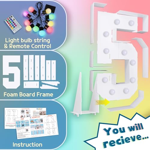 Image of Imprsv Colorful 4FT Marquee Numbers 5, 18 Colors Large Light up Numbers | RGB with Remote, Birthday Party Decorations Anniversary Wedding Decorations Assembly Required 23 Pcs Accessory Set