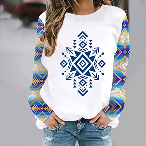 Dolkfu Western Aztec Print Sweatshirt For Women Fashion Casual Color Block Pullover Tops Long Sleeve Crew Neck Blouse Shirt #TOP2