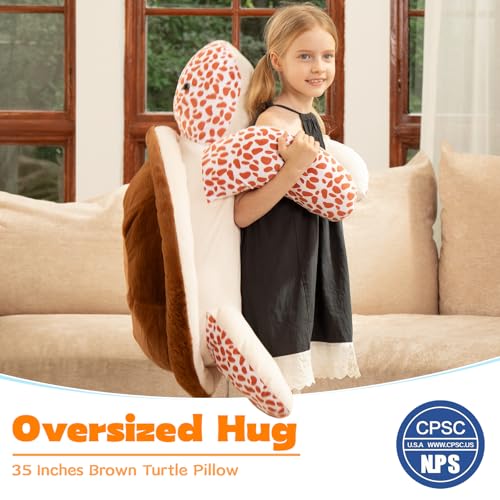 Image of MorisMos Giant Turtle Stuffed Animal, 35inch-3ft Big Stuffed Tortoise Plush Toy, Large Soft Turtle Body Pillow Gift for Kids Children Boys Girls Birthday Christmas, Brown