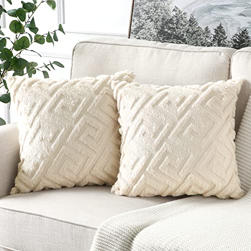 Artscope Juego de 2 fundas de cojín decorativas de lana corta, de felpa suave de terciopelo, lujosas fundas de cojín decorativas para sofá, coche, dormitorio, decoración (crema beige, 50x50 cm)