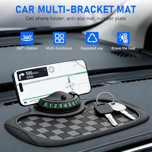 Multifunctional Car Anti-Slip Mat,Car Dashboard Mat,360° Rotatable Phone Holder Dashboard Pad with Temporary Parking Number,Car Anti Slip Mat Phone Holder,Anti Slip Mat for Car Dashboard(Black)
