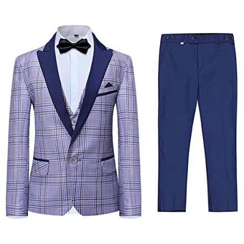 Boyland Boys 3 Pieces Tuxedo Suit Set Plaid Slim Fit Blue Peak Lapel Jacket Tux Vest Blue Pants Party Wedding Cover