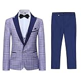 Boyland Boys 3 Pieces Tuxedo Suit Set Plaid Slim Fit Blue Peak Lapel Jacket Tux Vest Blue Pants Part