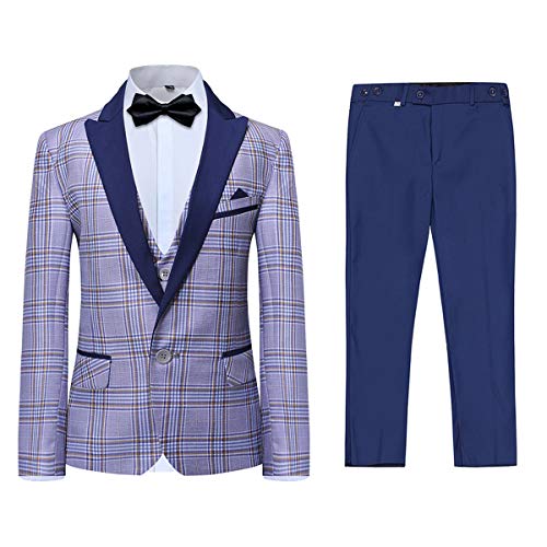 Boyland Boys 3 Pieces Tuxedo Suit Set Plaid Slim Fit Blue Peak Lapel Jacket Tux Vest Blue Pants Party Wedding #TOP30