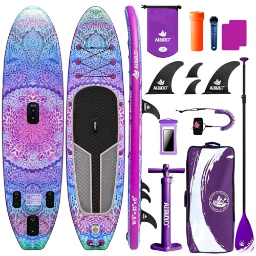 AISUNSS Inflatable Stand Up Paddle Board, 10'6"×33"×6" Extra Wide Stable SUP Board for Adults, Non-Slip Deck ISUP with High-Tracking Center Fin, Complete Paddleboard Kit (Purple Meditation)