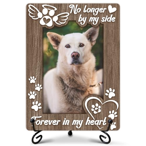 Qoamp Pet Memorial Picture Frame, Pet Sympathy Gift, No Longer By My Side Forever in My Heart Photo Frame, Memorial Gifts for Dogs Cats, Desk Tabletop Decor for 4 x 6 Photo-A13