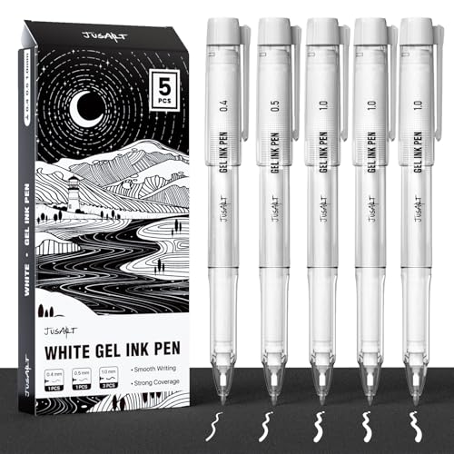 JusArt Stylos gel blancs avec pointes assorties de 0,4 mm,0,5 mm et 1 mm,encre blanche opaque pour papier noir,dessin,journal intime et loisirs...