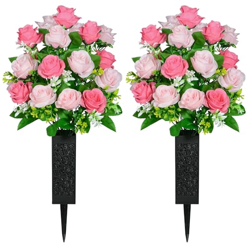 SIFOEL Artificial Cemetery Flowers with Vase, Artificial Rose Bouquet Grave Memorial Flowers for Cemetery Headstones Decoration (Pink-2Pcs)