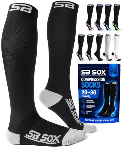 SB SOX Compression Socks for Men & Women, 20-30mmHg (Black/Gray, Large)