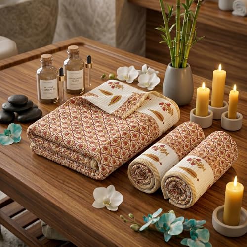 Image of Mafatlal Madhuban Waffle Bath & Hand Set (1 Bath 147x76 cm + 2 Hand 76x38 cm) | 250 GSM | Quick Dry & Lightweight | Daisy