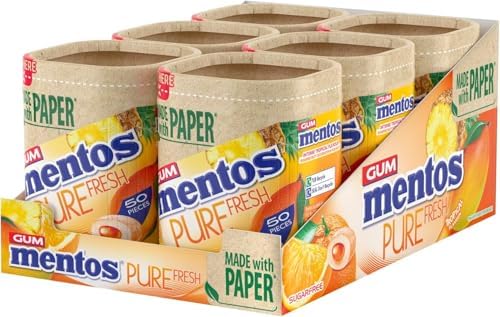 MENTOS GUM - Pure Fresh Chewing Gum - Crisp Outer Shell and Liquid Filled Centre - Tropical - 6 x 50 Pieces