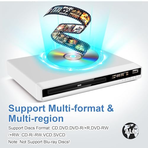 HDMI-DVD-Player, Regionenfreier DVD Spieler für Fernseher, HD 1080P DVD-Player HDMI mit USB-Eingang, Fehlerkorrektur, Compakt DVD-CD-Player unterstützt PAL/NTSC TV System (Weiß) – Bild 4