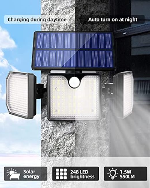Solar Wall Lights Outdoor, 260Lm 6500K Strobe Lights, IP65 Waterproof Flood Light, 3 Adjustable Head 270¡« Wide Angle Lighting with Motion Sensor