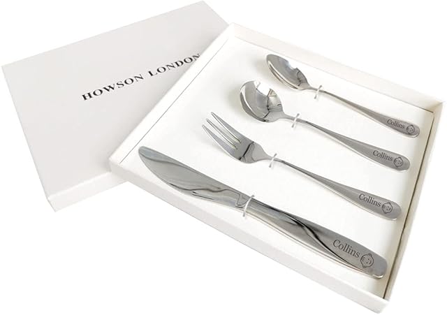 Personalised Children's Cutlery Set Engraved Kid Knife Fork Spoon 4pcs Stainless Steel Kids Toddler Cutlery Set Gift with Any Name with Gift Box Hand Finished in UK (Boy)