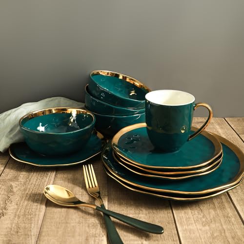 Stone Lain Florian Modern Porcelain 16 Piece Dinnerware Set, Plates and Bowls Set, Dish set for 4, Green and Golden Rim by Stone Lain - Image 5