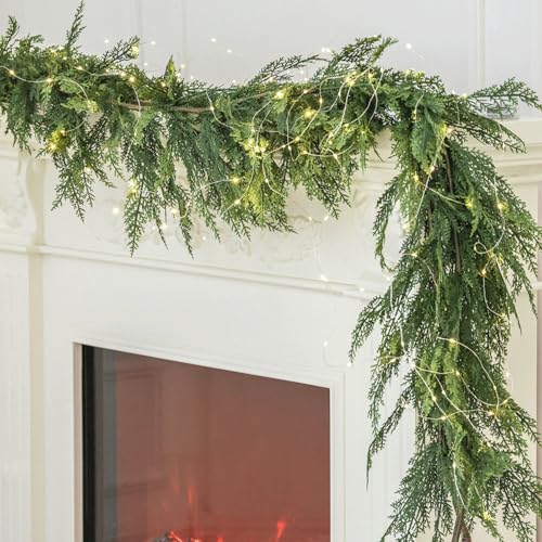 Clycaloor 6ft Handmade Christmas Garland,Cedar Artificial Greenery with LED String Lights,Seasonal Garland for Fireplace Indoor Outdoor Winter Holiday Decoration
