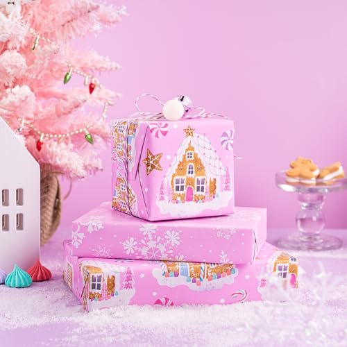 WRAPAHOLIC Reversible Gingerbread Christmas Wrapping Paper - Mini Roll - 17 Inch x 33 Feet - Pink Gingerbread House and Snowflake with Embossed for Christmas, Holiday, Party Celebration by WRAPAHOLIC - Used condition - Image 4