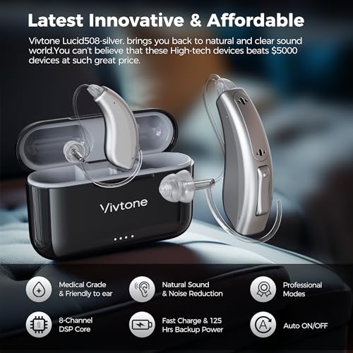 Vivtone Rechargeable Hearing Aids for Seniors Adults, Advanced Multi Channel Digital BTE (Behind-The-Ear) Hearing Device with Recycle Charging Case, Auto-On/Off, Pair, Version 3 (Lucid508-silver)