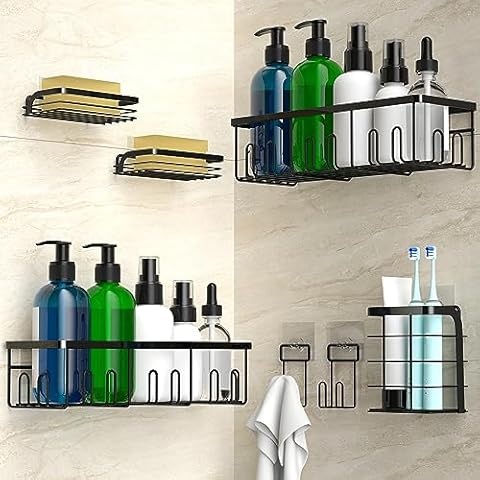 Smatorga Shower Caddy 7 Pack,Adhesive Shower Shelves with Soap Caddy & Towel Holder,No Drilling,Rustproof,Wall Mounted Bathroom Shower Organizer,Shower Shelves for Inside Shower Cover