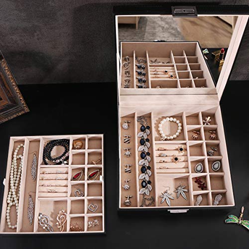 Jewelry Box Organizer 40 Section Display Tray Storage Case Drawer 2 Layers Large Mirror Girls Teens Women Holder For Earring Ring Necklace Bracelet Pu Leather Black Ssh01B #TOP5