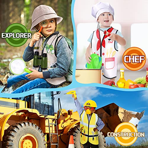 3 Sets Kids Dress Up And Pretend Play Clothes For Toddler 3-7 Ages, Role Play Construction Worker, Chef, Explorer Dress Up Vest For Boys Girls Costumes Accessories Play #TOP6