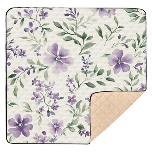 BOESI Watercolor Purple Flower Pattern Baby Play Mat, 50“ X 50” Washable Folding Crawling Mat, Baby Floor Mat, Soft, Thick, Non-Slip
