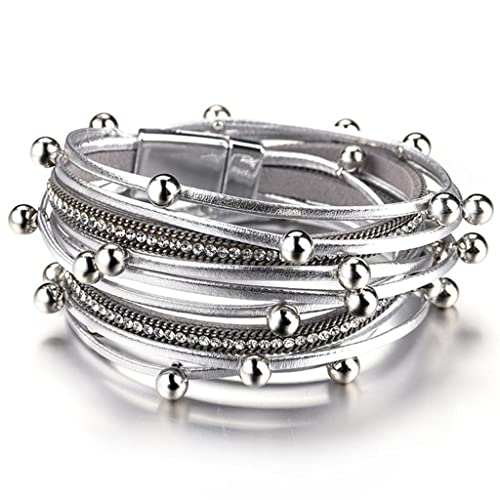 Pulseras de Cuero con Cuentas de Metal, Cadena de Cristal para Mujer, Pulsera Envolvente Multicapa Bohemia para Mujer