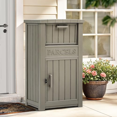 YITAHOME Anti-Theft Package Delivery Box for Outside w/Lockable Security System, Outdoor Waterproof Parcel Drop Storage Boxes Resin Drop Box for Porch House Curbside, Taupe Taupe 24 Gallon