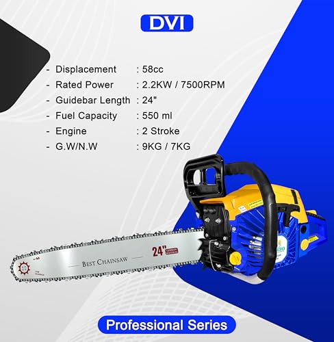 Image of DVI 5800 Heavy Duty Chain Saw with 58 CC, 2 Stroke Petrol Engine Power & 24 inchinch Blade /Bar Cordless Chain Saw Cuttingsaw For Farm, Garden & Professional Use.