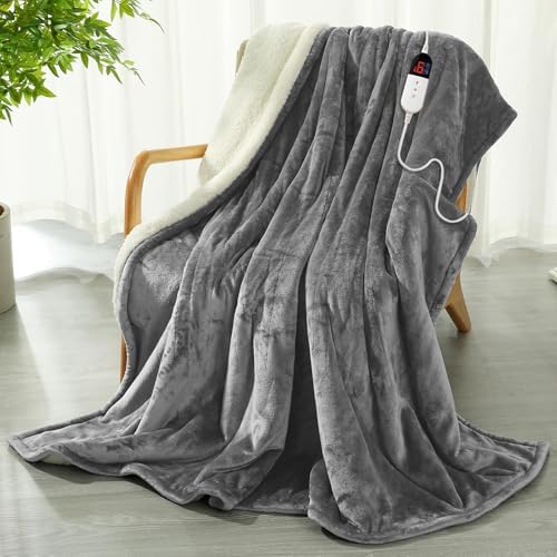 COZYTY Heizdecke mit Abschaltautomatik 130x180cm, Maschinenwaschbar, Grau | Sherpa & Flanell Elektrische Wärmedecke, 6 Heizstufen &10-Std. Abschalt-Timer, Überhitzungsschutz, CE Ce