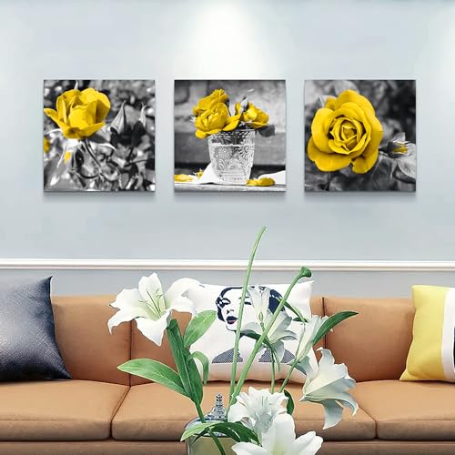 DZRWUBHS Large Size Wall Art - Modern Decor for Bedroom, Living Room, Kitchen, Bathroom - Black & White Wall Pictures - Yellow Rose Flowers - Canvas Prints - Girls Room Artwork