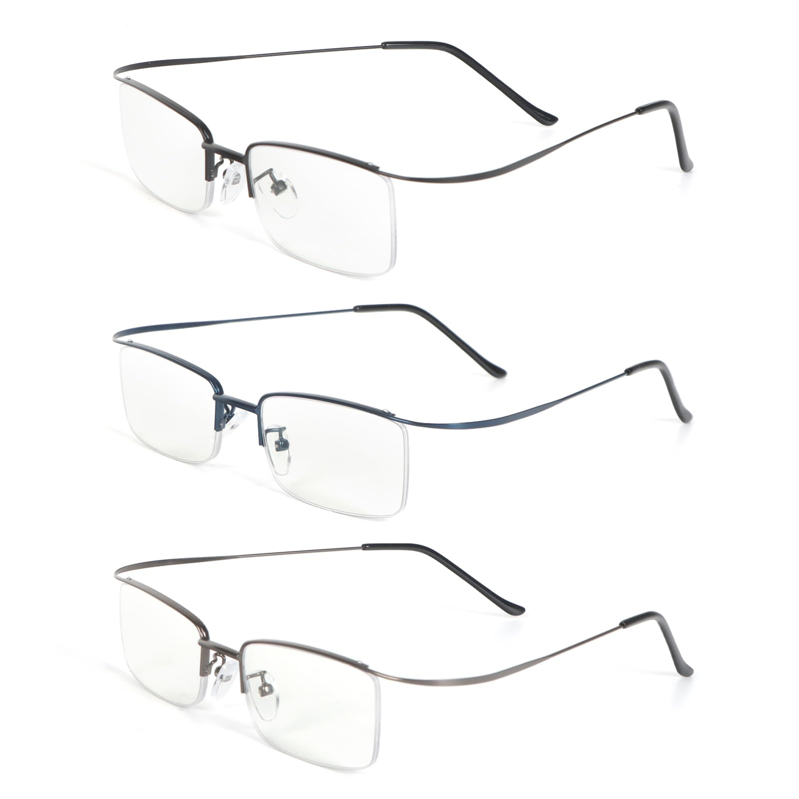 KoKoBin 3er-Pack ultraleichte Lesebrille mit rechteckig Metall Halbrand-Lesebrillen Blaulichtfilter für Damen und Herren