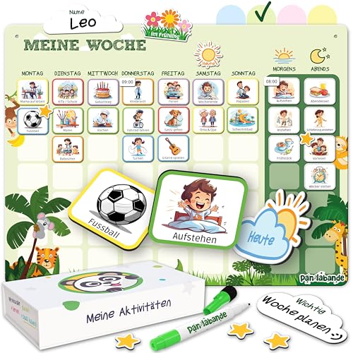 PANDABANDE® 2-in-1 Routine & Wochenplaner Kinder [XL Box, Routinen, 202 Magnete] - Aufgabenplaner für mehr Selbstständigkeit & Organisation - Idealer magnetischer Wochenplan, Tagesplaner (Dschungel)