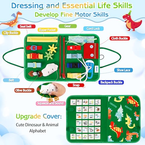 Image of Esjay Toddler Busy Board Montessori Toys for Boys and Girls, Sensory Book Educational Activities for Learning Fine Motor Skills, Birthday Gifts Toddlers, Travel Toys for Airplane Car, Green Multipages