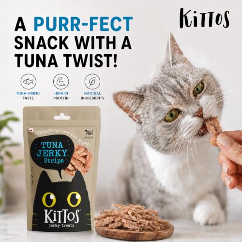 Image of Kittos Cat Treats Multi-Flavour Pack High Protein Cat Snacks with Chicken Salmon Rings Tuna Jerky & Snapper Jerky Strips Pack of 4 35g Each Healthy Training Treats
