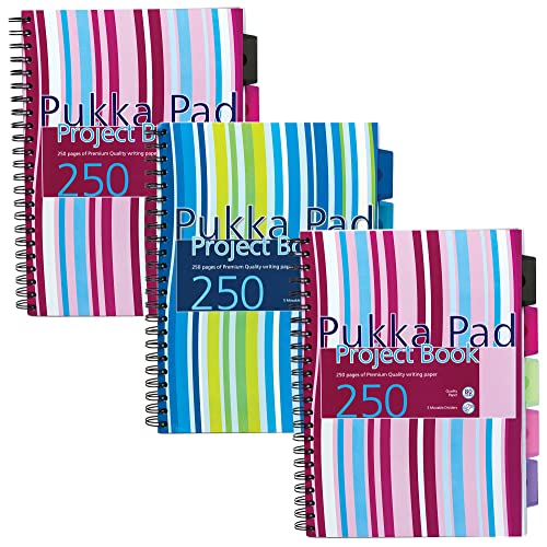 Pukka Pad, A4 Stripes Project Book 3 Pack – 21 x 30cm – Wirebound Notebook with 8mm Lines and 80GSM Paper – Includes Repositionable Dividers with Storage Pocket for Multiple School Subjects and Work Assignments - 250 Pages