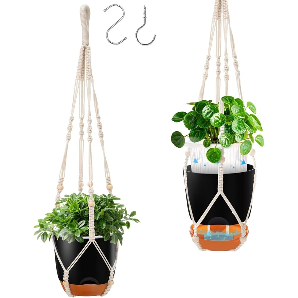 CTRLZS 2-Pack Self-Watering Hanging Planter 34-Inch Macrame Hanger Plant Pot for Indoor& Outdoor with Drainage