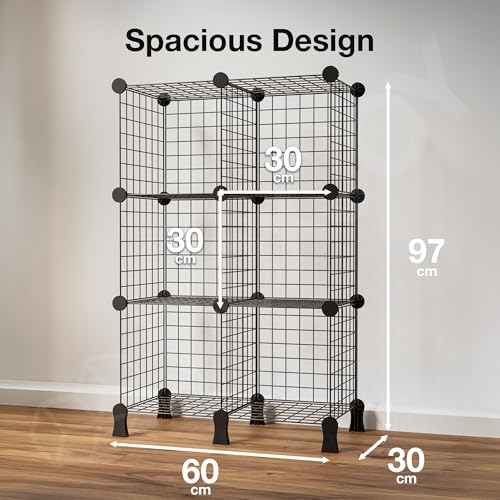 Image of BOXJOY 6 Shelf Metal Grid Open Book Shelf & Showcase Rack for Living Room Display with Bottom Stand | DIY Modular Bookshelf Organizer for Home Bedroom Office | Cabinet Organiser Self Storage (Black)