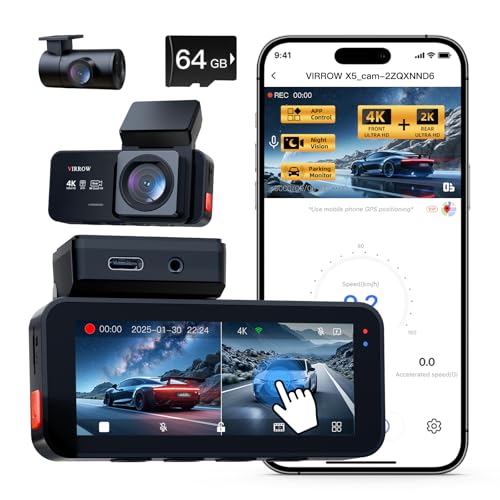 VIRROW Dash Cam Front and Rear, Dash Camera for Cars 4K+2K, Dashcam Built-in WiFi, APP Control, 64GB Card Included, 3.39