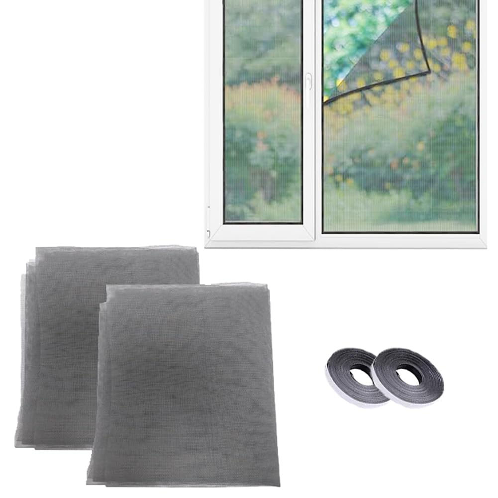 Fly Screens for Windows Doors Replacement, Durable Polyester Window Screen Mesh, 2 Packs Self-Adhesive Insect Mesh, DIY Cut to Size Bug Mosquito Net (2Pcs-150x180cm/59x71inch,Grey)