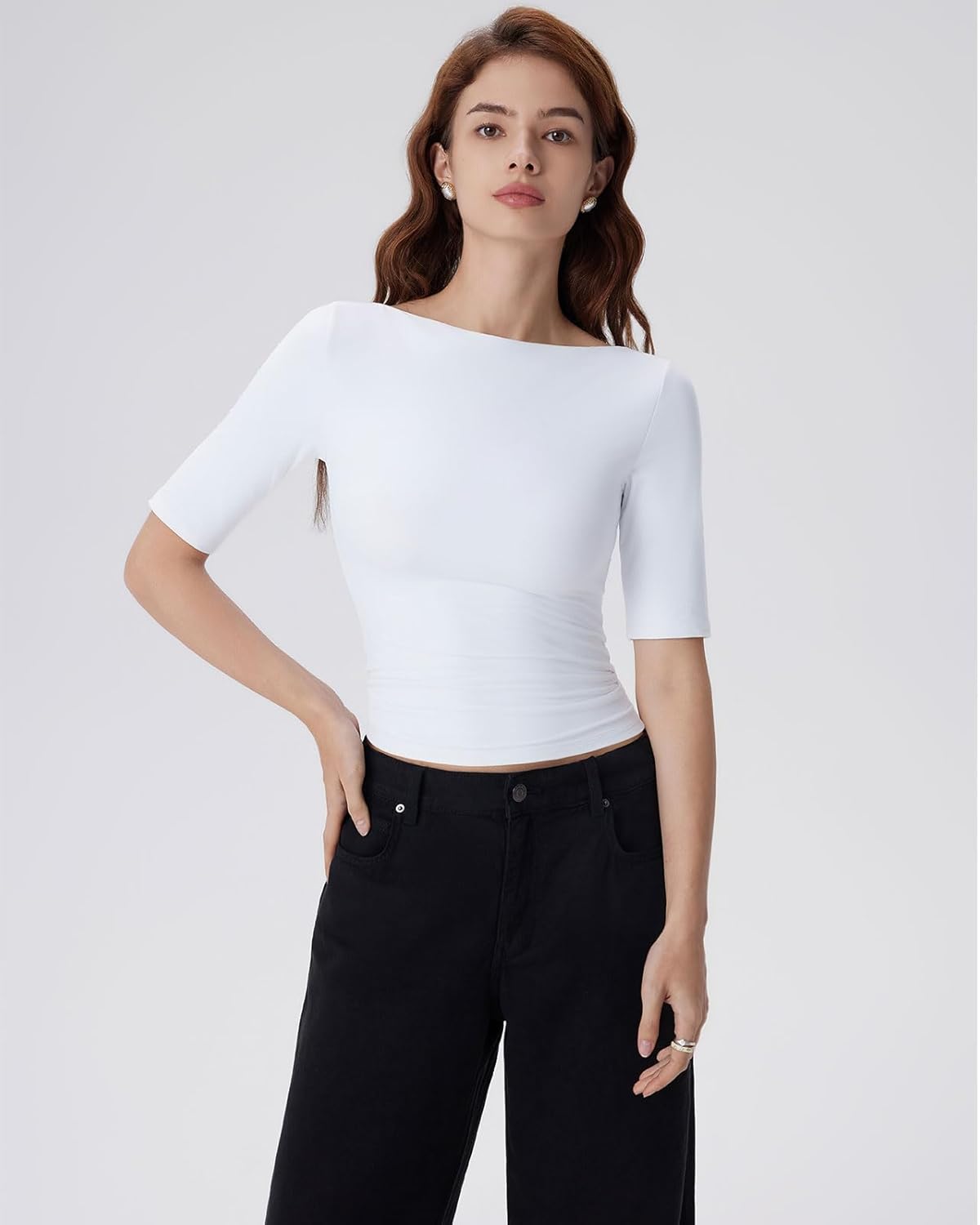 SUUKSESS Women Double Lined Half Sleeve Boat Neck Tops Tight Fitted Shirts - Image 3