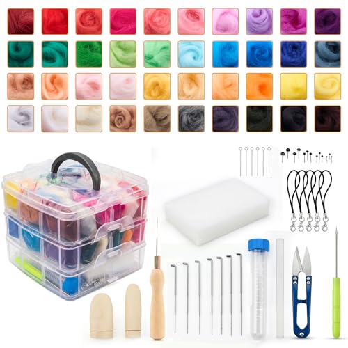 DF DUALFERV Needle Felting Kit with 40 Colors of Premium Felting Wool - Fluffy Textured Wool Roving with Strong Plasticity for Felted Animal