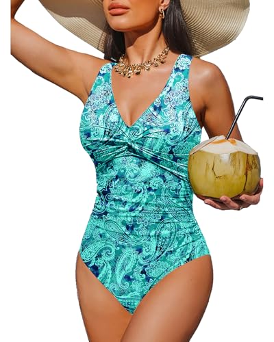 Holipick Traje de baño de una pieza con control de abdomen para mujer, traje de baño push up, cobertura completa, adelgazante, Estampado de Cachemira Verde (Green Paisley), M
