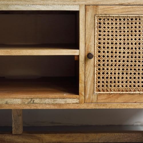 Image of Premium Solid Wood, 10 Minutes Assembly (Legs Only), Aesthetic Rattan Doors, Mid Century Entertainment Center for Living Room, TV Stand for 65 inch TV, Dark Chocolate (Natural Finish)