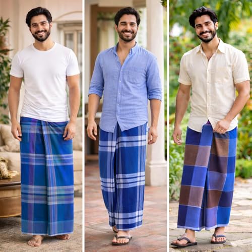 Image of YGM Men's Multi Colour Lungi | Soft & Breathable | New Designs (Pack of 2) | Traditional Vibrant Colour Lungis | Day & Night Wear | Free Size