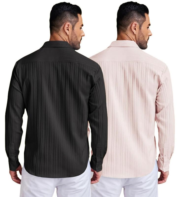 Image of DEELMO Combo of Men's Casual Button Down Shirts Long Sleeve Linen Shirt Fashion Textured Summer Shirts Pack of 2