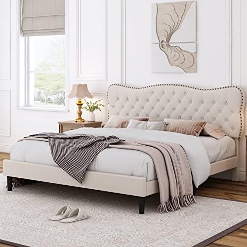 HOSTACK King Size Bed Frame, Linen Fabric Upholstered Platform Bed Frame with Adjustable Headboard, Diamond Tufted Mattress Foundation with Wood Slats, Easy Assembly, No Box Spring Needed, Beige