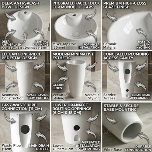 Image of InArt One Piece Ceramic Pedestal Free Standing Round Wash Basin for Living Room and Bathroom (16 x 16 x 32 Inch, White)