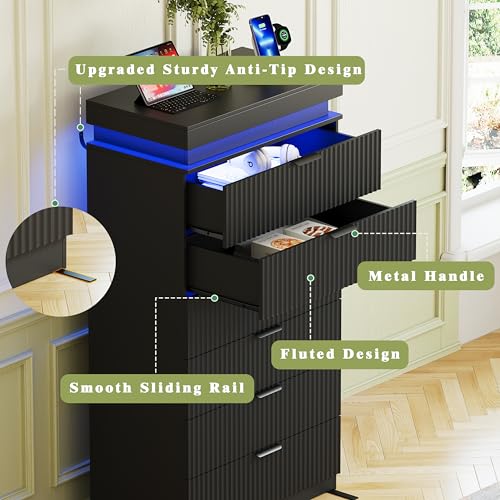 Image of Black Tall 6 Drawer Dresser with LED Lights and Charging Station, 53 inch Tall Wood Fluted Dresser for Bedroom, Modern Chest of Drawers for Closet Organizer Cabinet for Living Room, Hallway