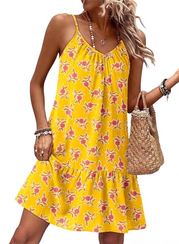Image of Dokotoo Summer Dresses for Women 2026 Spaghetti Strap Sexy Deep V Neck Smocked Ruffle Flowy Boho Dresses